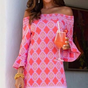 Cabana Life Coral and White Off-Shoulder Dress